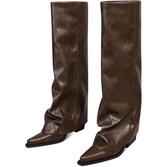 Women Brown Wide Calf Slouchy Shark Pointed Toe  Fold Over Knee High Tall Boots - Picture 1 of 7